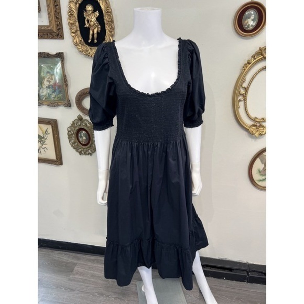 Hill House Home Black Smocked Puff Sleeve The Nap Dress Midi Dress Women's Large